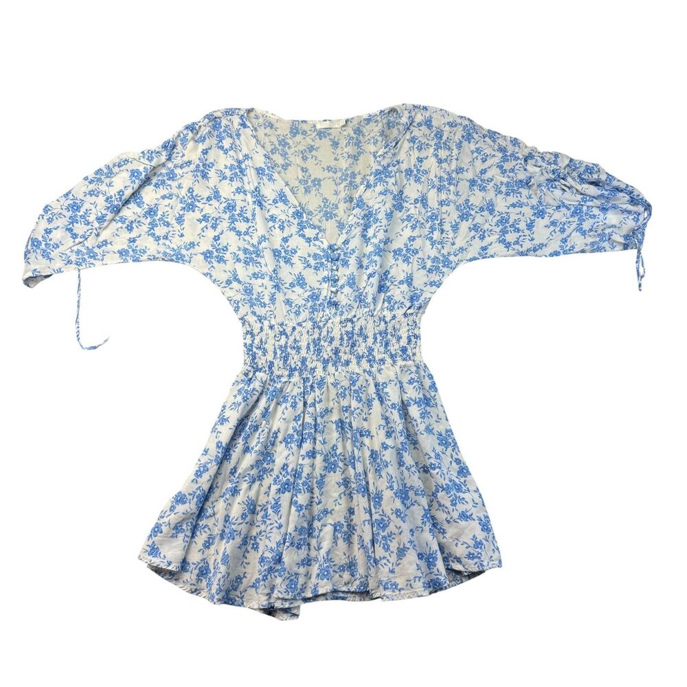 Indah Dress Women's Small Blue White Floral Cinch Sleeve Mini Cottagecore Rayon